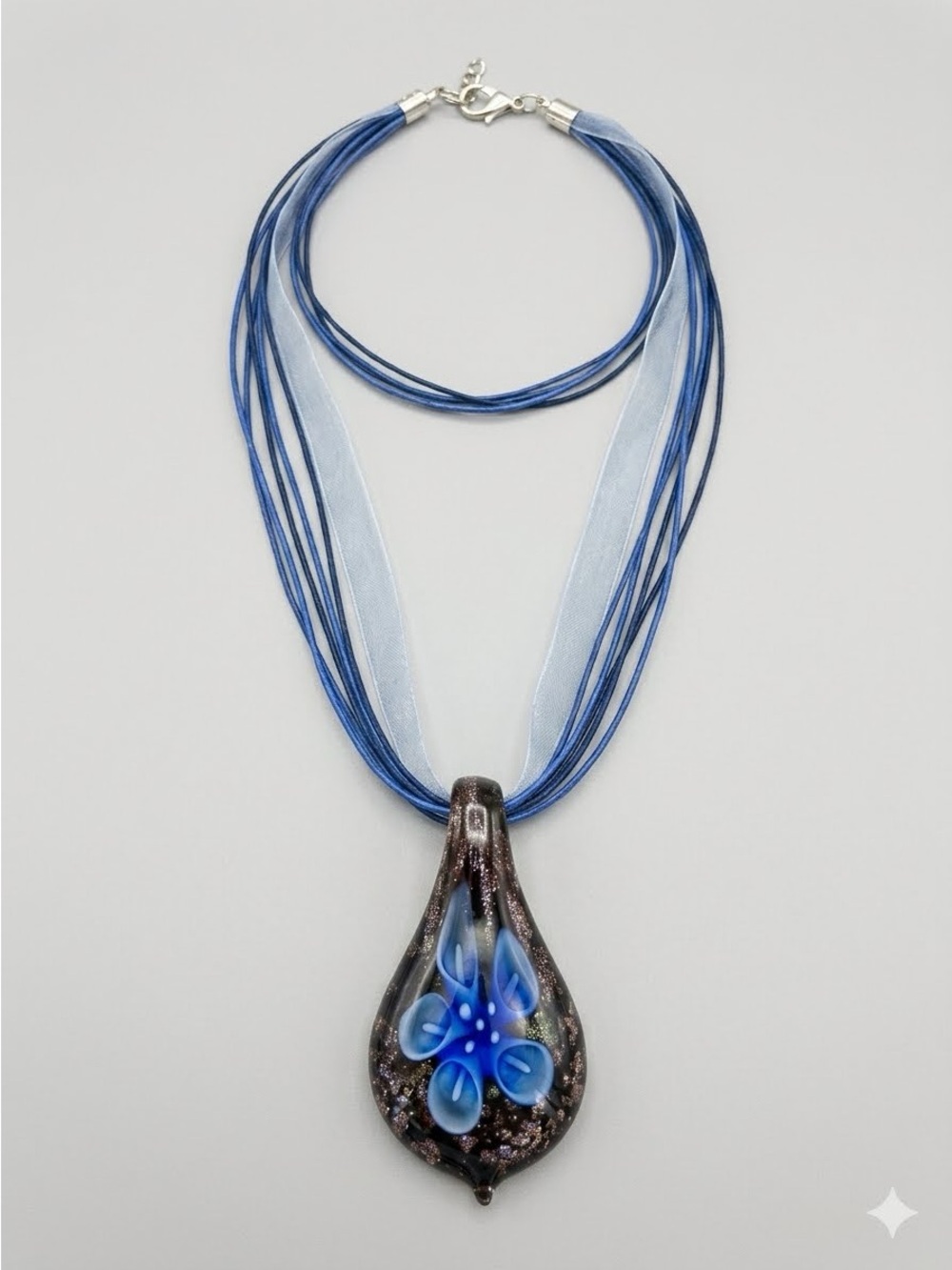 Handmade Blue Floral Glass Pendant Necklace with Multi-Strand Cord